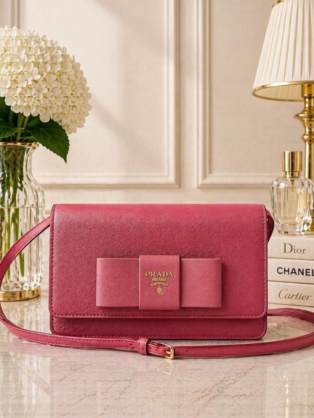 Authentic Prada Pink Saffiano Bow Crossbody Wallet Clutch Gold Logo 390-082825